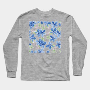 Blue Petal Flower Watercolor Pattern Yellow Background Long Sleeve T-Shirt